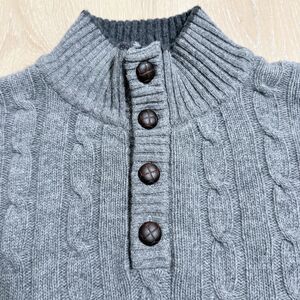 Cable Knit Football Buttons Mock Neck Sweater M Gray Wool Preppy Italy Grandpa